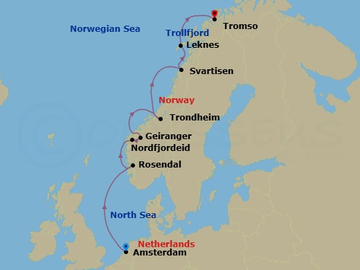 8 Night - Norwegian Fjords Cruise : a Wonder to Be Discovered - SH Diana - Starting in Amsterdam, Rosendal, Nordfjordeid, Geiranger, Norway, Trondheim, Svartisen, Svartisen Glacier, Leknes, Lofoten, Cruising Trollfjorden, Tromso itinerary map