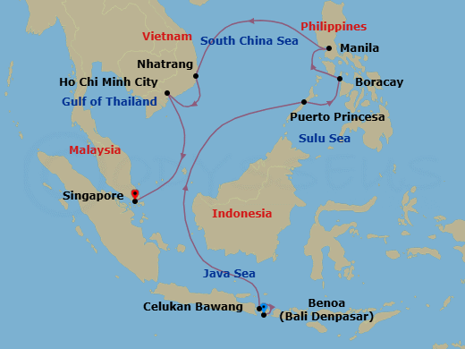 14 Night - Asia and Asia Pacific from Benoa to Singapore - Crystal Symphony - Starting in Bali, Celukan Bawang (Bali), Puerto Princesa, Boracay, Manila, Nha Trang, Ho Chi Minh City, Singapore itinerary map