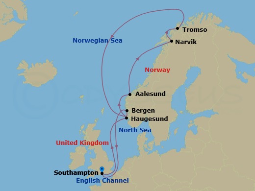 14 Night - Norway and Northern Lights - Queen Victoria - Starting in Southampton, England, UK, Haugesund, Norway, Alesund, Norway, Narvik, Norway, Tromso, Norway, Bergen, Norway, Southampton, England, UK itinerary map