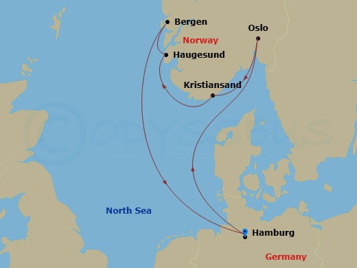 7 Night - Northern Europe - MSC Preziosa - Starting in Hamburg, Germany, Oslo, Norway, Kristiansand, Norway, Haugesund, Norway, Bergen, Norway, Hamburg, Germany itinerary map