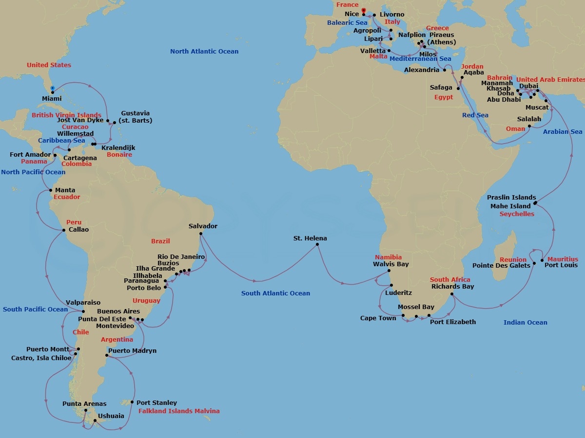 132 Night - Caribbean from Miami to Nice - Silver Shadow - Starting in Miami, Jost Van Dyke, Gustavia, Willemstad AN, Kralendijk, Cartagena CO, Fuerte Amador, Panama Canal Transit, Fuerte Amador, Manta, Lima, Valparaiso, Puerto Montt, Castro, Chilean Fjords, Punta Arenas, Ushuaia, Port Stanley, Falkland Islands, Puerto Madryn, Buenos Aires, Montevideo, Punta Del Este, Porto Belo, Paranagua, Ilhabela, Brazil, Ilha Grande, Brazil, Buzios, Brazil, Rio De Janeiro, Salvador De Bahia, St Helena, Walvis Bay, Luderitz, Cape Town, Mossel Bay, Port Elizabeth ZA, Richards Bay, Pointe Des Galets, Port Louis, Mahe, Praslin, Muscat, Khasab, Abu Dhabi, Doha, Al Manamah, Dubai, Salalah, Aqaba, Safaga, Suez Canal (Transit), Alexandria EG, Athens, Milos, Nafplion, Valletta, Lipari Island, Agropoli, Livorno, Nice itinerary map