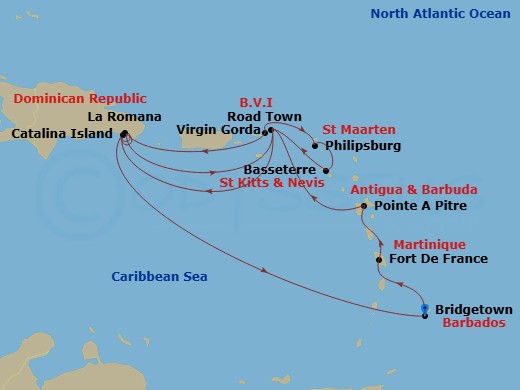 14 Night - South Caribbean - MSC Opera - Starting in Bridgetown, Barbados, Fort-de-France, Martinique, Pointe-A-Pitre, Guadeloupe, Road Town (Tortola), British Virgin Islands, La Romana, Dominican Republic, Virgin Gorda, British Virgin Islands, Philipsburg, St Maarten, Basseterre, Saint Kitts and Nevis, Road Town (Tortola), British Virgin Islands, Catalina Island, Dominican Republic, La Romana, Dominican Republic, Catalina Island, Dominican Republic, Bridgetown, Barbados itinerary map