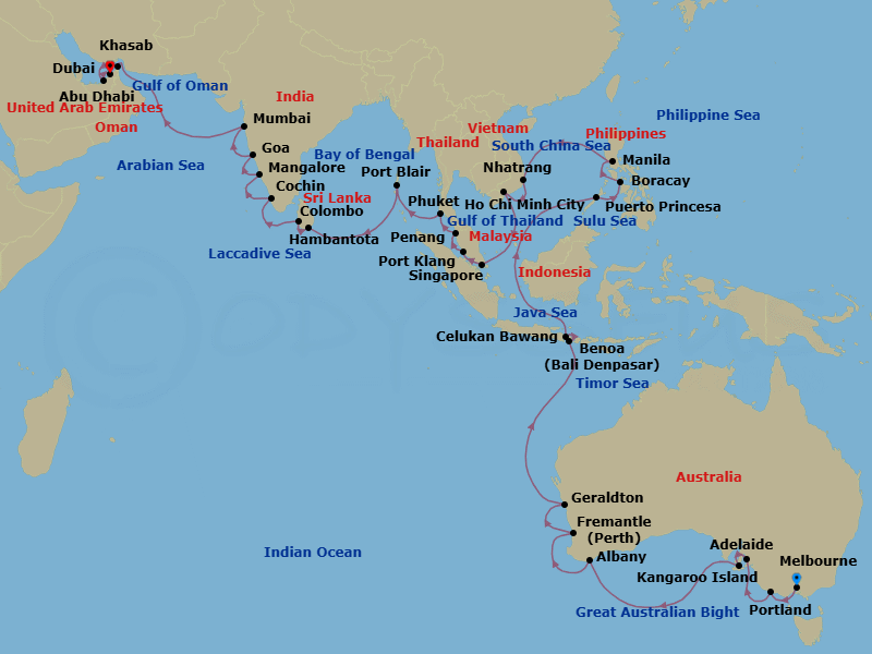 47 Night - Asia and Asia Pacific from Melbourne to Dubai - Crystal Symphony - Starting in Melbourne, Portland AU, Adelaide, Kangaroo Island, Albany AU, Australia, Fremantle (Perth), Geraldton (Perth), Bali, Celukan Bawang (Bali), Puerto Princesa, Boracay, Manila, Nha Trang, Ho Chi Minh City, Singapore, Port Klang (Kuala Lumpur), Penang, Phuket, Port Blair, Hambantota, Colombo, Cochin, New Mangalore, Mormugao (Goa), Mumbai, Khasab, Abu Dhabi, Dubai itinerary map