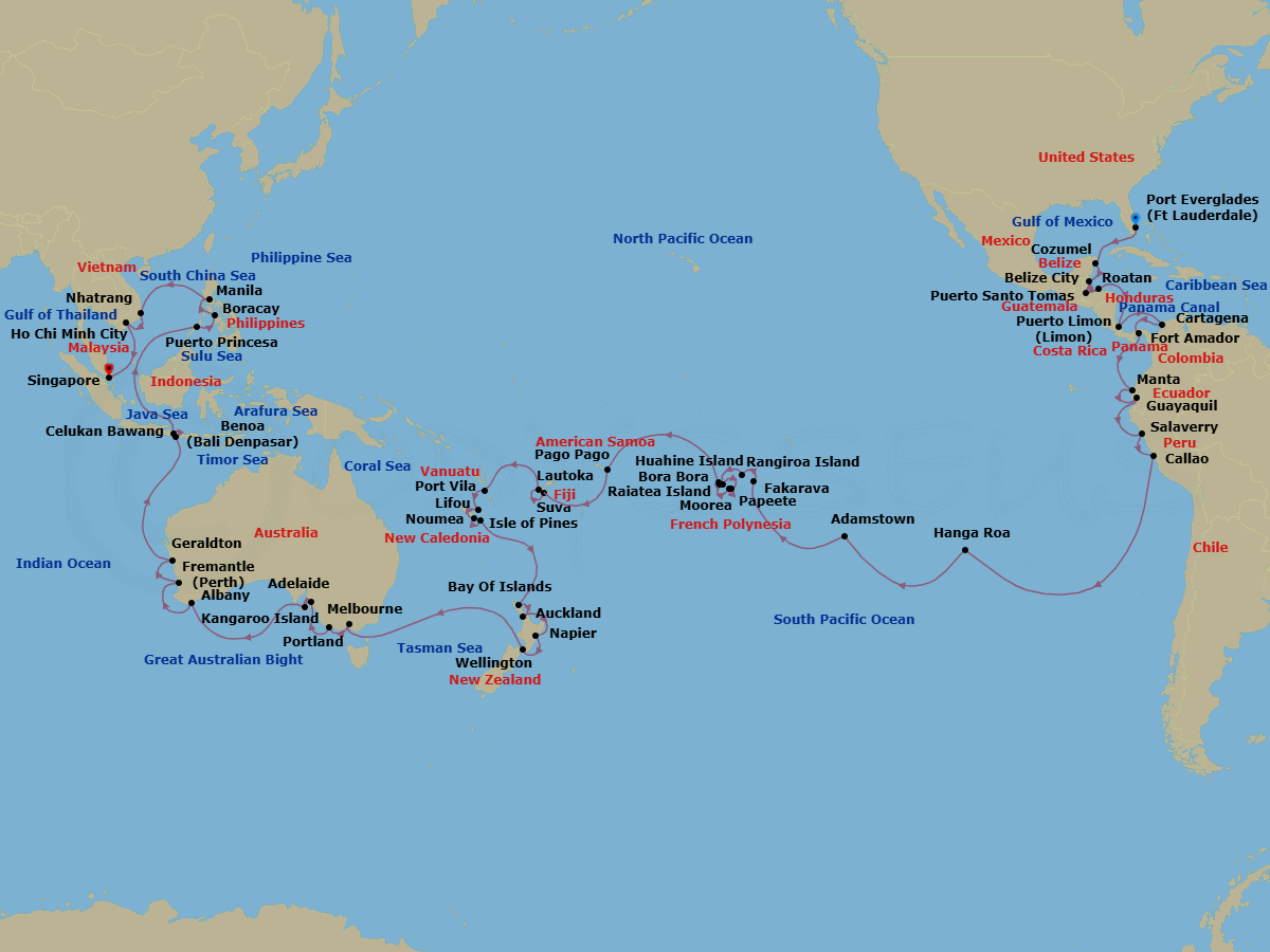 85 Night - Asia and Asia Pacific from Ft Lauderdale (Port Everglades) to Singapore - Crystal Symphony - Starting in Fort Lauderdale, Cozumel, Quintana Roo, Belize City, Santo Tomas, Roatan Island, Puerto Limon, Cartagena CO, Panama Canal Transit, Fuerte Amador (Panama City), Manta, Guayaquil, Salaverry, Lima (Callao), Hanga Roa, Adamstown (Sightseeing Only), Fakarava, Rangiroa, Huahine, Papeete (Tahiti), Moorea Island, Raiatea, Bora Bora (Society Islands), Pago Pago, Date Line lose a day, Suva, Lautoka, Port Vila, Lifou, Noumea, Pine Island, Bay of Islands, Auckland, Napier, Wellington, Melbourne, Portland AU, Adelaide, Kangaroo Island, Albany AU, Australia, Fremantle (Perth), Geraldton (Perth), Bali, Celukan Bawang (Bali), Puerto Princesa, Boracay, Manila, Nha Trang, Ho Chi Minh City, Singapore itinerary map