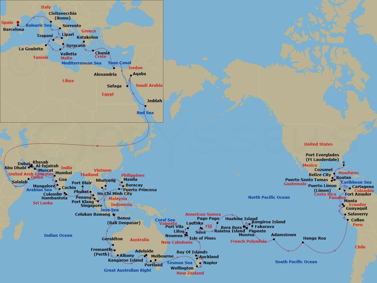 136 Night - World Cruise - Crystal Symphony - Starting in Fort Lauderdale, Cozumel, Quintana Roo, Belize City, Santo Tomas, Roatan Island, Puerto Limon, Cartagena CO, Panama Canal Transit, Fuerte Amador (Panama City), Manta, Guayaquil, Salaverry, Lima (Callao), Hanga Roa, Adamstown (Sightseeing Only), Fakarava, Rangiroa, Huahine, Papeete (Tahiti), Moorea Island, Raiatea, Bora Bora (Society Islands), Pago Pago, Date Line lose a day, Suva, Lautoka, Port Vila, Lifou, Noumea, Pine Island, Bay of Islands, Auckland, Napier, Wellington, Melbourne, Portland AU, Adelaide, Kangaroo Island, Albany AU, Australia, Fremantle (Perth), Geraldton (Perth), Bali, Celukan Bawang (Bali), Puerto Princesa, Boracay, Manila, Nha Trang, Ho Chi Minh City, Singapore, Port Klang (Kuala Lumpur), Penang, Phuket, Port Blair, Hambantota, Colombo, Cochin, New Mangalore, Mormugao (Goa), Mumbai, Khasab, Abu Dhabi, Dubai, Fujairah, Muscat, Salalah, Jeddah, Aqaba, Safaga (Luxor), Suez Canal (Transit), Alexandria EG, Souda (Chania), Katakolon, Siracusa (Sicily), Valletta, Tunis (La Goulette), Trapani, Lipari Island, Sorrento, Civitavecchia (Rome) itinerary map