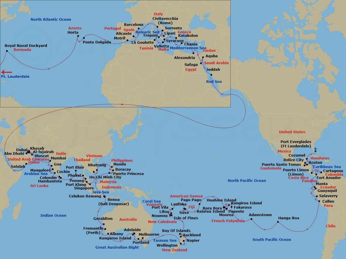 150 Night - World Cruise - Crystal Symphony - Starting in Fort Lauderdale, Cozumel, Quintana Roo, Belize City, Santo Tomas, Roatan Island, Puerto Limon, Cartagena CO, Panama Canal Transit, Fuerte Amador (Panama City), Manta, Guayaquil, Salaverry, Lima (Callao), Hanga Roa, Adamstown (Sightseeing Only), Fakarava, Rangiroa, Huahine, Papeete (Tahiti), Moorea Island, Raiatea, Bora Bora (Society Islands), Pago Pago, Date Line lose a day, Suva, Lautoka, Port Vila, Lifou, Noumea, Pine Island, Bay of Islands, Auckland, Napier, Wellington, Melbourne, Portland AU, Adelaide, Kangaroo Island, Albany AU, Australia, Fremantle (Perth), Geraldton (Perth), Bali, Celukan Bawang (Bali), Puerto Princesa, Boracay, Manila, Nha Trang, Ho Chi Minh City, Singapore, Port Klang (Kuala Lumpur), Penang, Phuket, Port Blair, Hambantota, Colombo, Cochin, New Mangalore, Mormugao (Goa), Mumbai, Khasab, Abu Dhabi, Dubai, Fujairah, Muscat, Salalah, Jeddah, Aqaba, Safaga (Luxor), Suez Canal (Transit), Alexandria EG, Souda (Chania), Katakolon, Siracusa (Sicily), Valletta, Tunis (La Goulette), Trapani, Lipari Island, Sorrento, Civitavecchia (Rome), Barcelona, Alicante, Motril, Ponta Delgada (Sao Miguel Island), Horta, Royal Naval Dockyard itinerary map