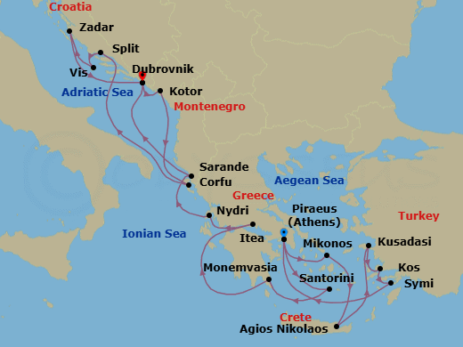 21 Night - Grecian Gems, Ephesus & Dalmatian Delights - Seabourn Quest - Starting in Piraeus (Athens), Greece, Mykonos, Greece, Agios Nikolaos, Crete, Greece, Kusadasi (Ephesus), Turkey, Kos, Greece, Symi, Greece, Piraeus (Athens), Greece, Santorini, Greece, Monemvasia, Greece, Itea (Delphi), Greece, Nydri, Lefkada, Greece, Sarande, Albania, Dubrovnik, Croatia, Kotor, Montenegro, Corfu, Greece, Split, Croatia, Vis Island, Croatia, Zadar, Croatia, Dubrovnik, Croatia itinerary map