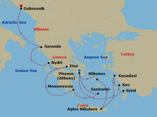 14 Night - Grecian Gems, Ephesus & Dalmatian Delights - Seabourn Quest - Starting in Piraeus (Athens), Greece, Mykonos, Greece, Agios Nikolaos, Crete, Greece, Kusadasi (Ephesus), Turkey, Kos, Greece, Symi, Greece, Piraeus (Athens), Greece, Santorini, Greece, Monemvasia, Greece, Itea (Delphi), Greece, Nydri, Lefkada, Greece, Sarande, Albania, Dubrovnik, Croatia itinerary map