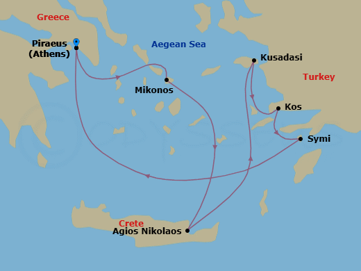 7 Night - Ephesus & Greek Island Gems - Seabourn Quest - Starting in Piraeus (Athens), Greece, Mykonos, Greece, Agios Nikolaos, Crete, Greece, Kusadasi (Ephesus), Turkey, Kos, Greece, Symi, Greece, Piraeus (Athens), Greece itinerary map