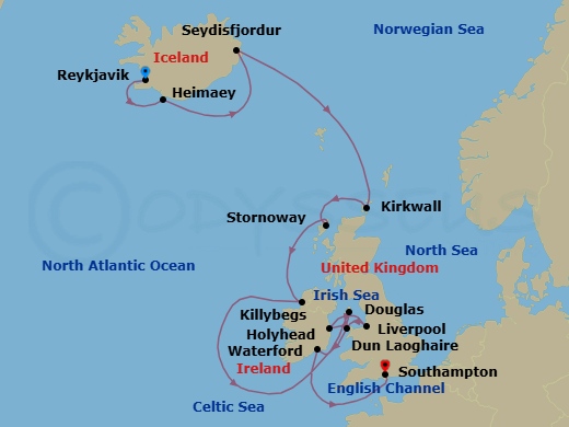 14 Night - British Isles Discovery - Seven Seas Mariner - Starting in Reykjavik, Heimaey, Seydisfjodur, Cruising the Atlantic Ocean, Kirkwall (Orkney Islands), Stornoway (Hebrides), Killybegs, Douglas, Dun Laoghaire, Liverpool, Holyhead, Waterford, Cruising the Celtic Sea, London (Southampton) itinerary map