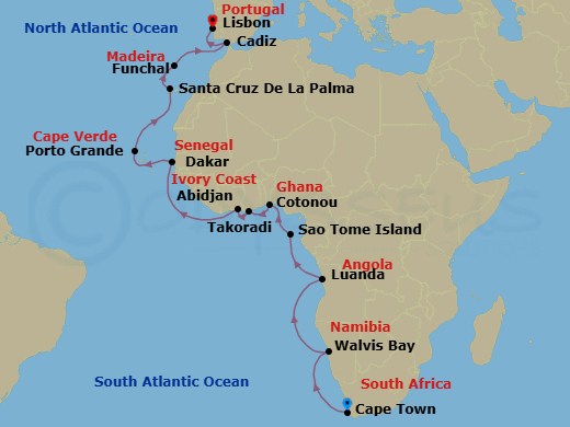 20 Night - Birding & Wildlife Adventure - Seven Seas Navigator - Starting in Cape Town, Cruising the Atlantic Ocean, Walvis Bay, Cruising the Atlantic Ocean, Sao Tome, Cruising the Gulf of Guinea, Lome, Takoradi, Abidjan, Cruising the Atlantic Ocean, Dakar, Cruising the Atlantic Ocean, Mindelo (Porto Grande), Cruising the Atlantic Ocean, Santa Cruz de Tenerife, Cruising the Atlantic Ocean, Lisbon itinerary map