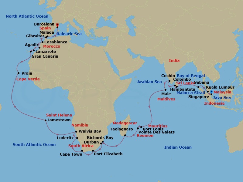 53 Night - Singapore to Barcelona Grand Voyage - Azamara Onward - Starting in Singapore, Kuala Lumpur, Sabang, Hambantota, Colombo, Cochin, Male, Port Louis, Pointe Des Galets, Taolagnaro, Richards Bay, Durban, Port Elizabeth ZA, Cape Town, Luderitz, Walvis Bay, Jamestown, Saint Helena Island, Praia, Gran Canaria, Canary Islands, Lanzarote, Canary Islands, Agadir, Casablanca, Gibraltar, Malaga, Barcelona itinerary map
