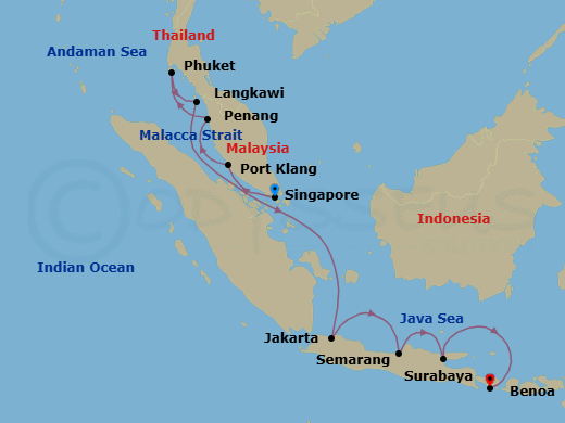 12 Night - Lotus Blooms - Seven Seas Navigator - Starting in Singapore, Kuala Lumpur (Port Klang), Penang, Phuket, Langkawi, Cruising the Andaman Sea, Cruising the Strait of Malacca, Jakarta, Semarang (Java), Surabaya, Bali (Benoa) itinerary map