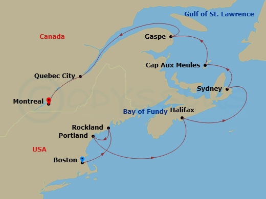 11 Night - Southeast Canadian Explorations - Star Pride - Starting in Boston, Rockland, Portland ME, Halifax, Sydney NS, Nova Scotia, Canada, Cap aux Meules, Gaspe, Quebec City, Cruising St Lawrence River, Montreal itinerary map