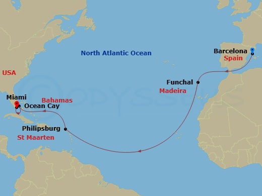 14 Night - Msc Grand Voyages - MSC Poesia - Starting in Barcelona, Spain, Funchal (Madeira Islands), Portugal, Philipsburg, Saint Martin, Ocean Cay Msc Marine Reserve, Bahamas, Miami, Florida itinerary map