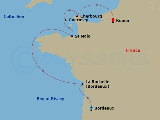 7 Night - Wine Cruise : French Feast : Normandy, Brittany & Aquitaine - Star Legend - Starting in Bordeaux, Cruising Garonne River, La Rochelle, France, St-Malo, Guernsey, Cherbourg, Cruising the Seine River, Rouen itinerary map