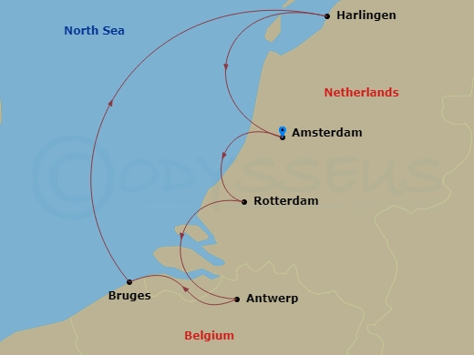7 Night - Tulip Season in Holland & Belgium - Star Pride - Starting in Amsterdam, Rotterdam, Cruising Scheldt River, Antwerp, Belgium, Zeebrugge (Bruges), Harlingen, Amsterdam itinerary map