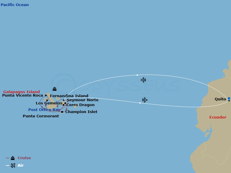 6 Night - Galapagos Islands - Iconic Wildlife & Sublime Scenery / Western Route - MS Santa Cruz II Tours - Starting in Quito, Capitania Seymour, Baltra, Dragon Hill, Puerto Ayora, Punta Vicente Roca, Fernandina, Puerto Ayora, Post Office Bay, Champion Islet, Punta Cormorant, Capitania Seymour, Baltra, Quito itinerary map