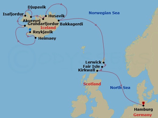 14 Night - Iceland and Beyond - Reykjavik to Hamburg via Scotland's Northern Isles - MS Spitsbergen - Starting in Reykjavik, Heimaey, Grundarfjordur, Isafjordur, Djupavik, Akureyri, Husavik, Bakkagerdi, Lerwick, Fair Isle, Kirkwall, Orkneys, Hamburg itinerary map