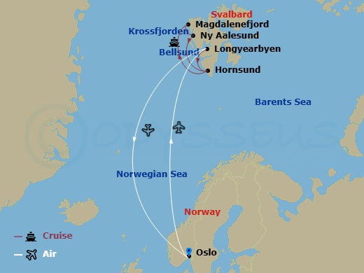 8 Night - Svalbard in Spring - the Return of the Sun - MS Fram Tours - Starting in Oslo, Longyearbyen, Hornsund, Bellsund, Magdalenefjord, Amsterdamoya, Ny-Alesund, Krossfjorden, Longyearbyen, Oslo itinerary map