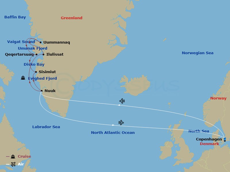 12 Night - Grand Greenland - the Icy Giants of Disko Bay - MS Fridtjof Nansen Tours - Starting in Copenhagen, Nuuk, Ilulissat, Uummannaq, Uummannaq Fjord, Vaigat Sound, Disko Bay, Qeqertarsuaq, Sisimiut, Evighed Fjord, Nuuk, Copenhagen itinerary map