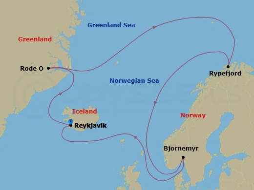 12 Night - The Ultimate Fjord and National Park Expedition - MS Spitsbergen - Starting in Reykjavik, Hurry Inlet, Danmark O, Rodefjord, Rypefjord, Bjorne Oer, Reykjavik itinerary map