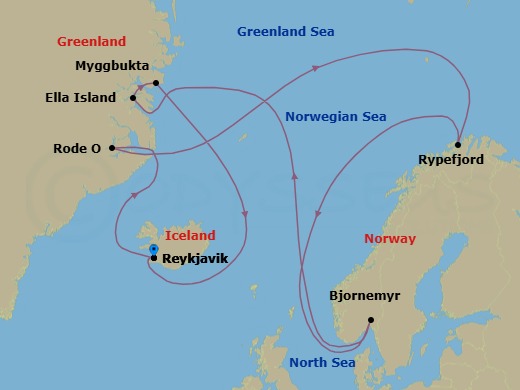 14 Night - Serene Greenland - to the World's Largest National Park - MS Fram - Starting in Reykjavik, Hurry Inlet, Danmark O, Rodefjord, Rypefjord, Bjorne Oer, Alpefjorden, Antarctic Havn, Ella O, Blomster Bugt, Myggbukta, Reykjavik itinerary map
