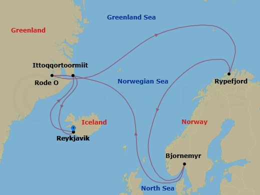 9 Night - Serene Greenland - Exploring the Largest Fjord System On Earth - MS Spitsbergen - Starting in Reykjavik, Hurry Inlet, Danmark O, Rodefjord, Rypefjord, Bjorne Oer, Ittoqqortoormiit, Reykjavik itinerary map