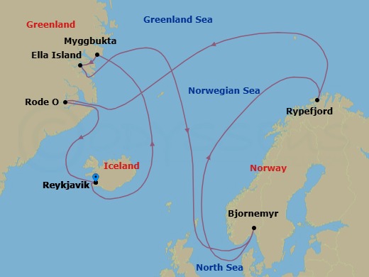 12 Night - The Ultimate Fjord and National Park Expedition - MS Spitsbergen - Starting in Reykjavik, Myggbukta, Blomster Bugt, Ella O, Antarctic Havn, Alpefjorden, Bjorne Oer, Rypefjord, Rodefjord, Danmark O, Hurry Inlet, Reykjavik itinerary map