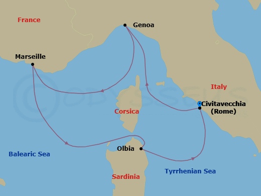 4 Night - Mediterranean - MSC Sinfonia - Starting in Civitavecchia (Rome), Italy, Genoa (Portofino), Italy, Marseille (Provence), France, Olbia, Italy, Civitavecchia (Rome), Italy itinerary map