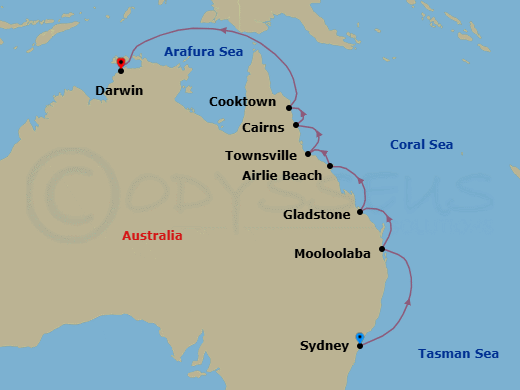 12 Night - From Outback to Oasis - Seven Seas Explorer - Starting in Sydney AU, Cruising the Tasman Sea, Mooloolaba, Cruising the Coral Sea, Gladstone, Airlie Beach, Townsville, Cruising the Coral Sea, Cairns, Cooktown, Cruising the Coral Sea, Cruising the Arafura Sea, Darwin itinerary map