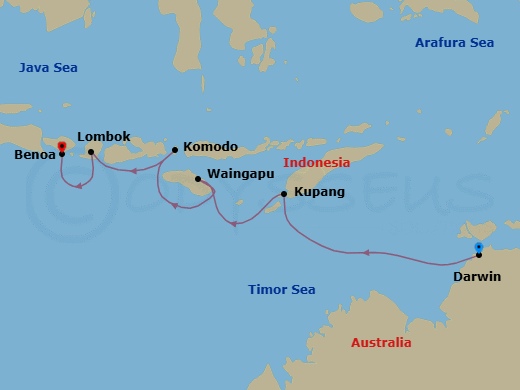 7 Night - Seas of Serenity - Seven Seas Explorer - Starting in Darwin, Cruising the Timor Sea, Kupang (West Timor), Waingapu (Sumba), Komodo, Lombok (Lembar), Bali (Benoa) itinerary map