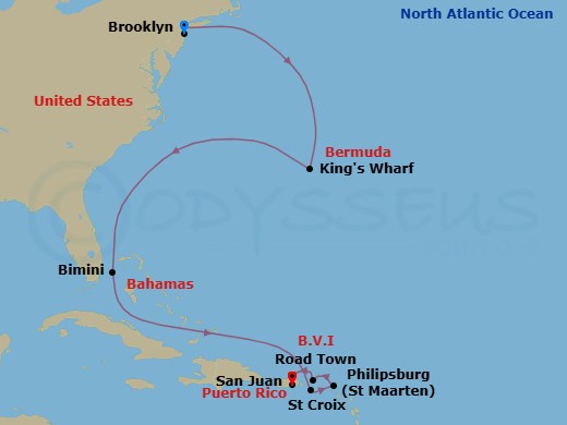 12 Night - Ny to San Juan : Bermuda & Caribbean - Valiant Lady - Starting in New York City, New York, Royal Naval Dockyard, Bermuda, The Beach Club at Bimini, Bahamas, St Croix, US Virgin Islands, Philipsburg, Sint Maarten, Tortola, British Virgin Islands, San Juan, Puerto Rico itinerary map