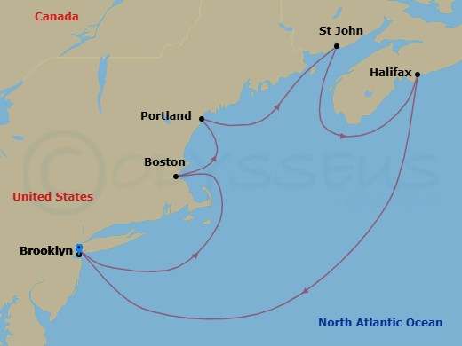 8 Night - Fall Colors : Coastal Northeast & Canada - Valiant Lady - Starting in New York City, New York, Boston, Massachusetts, Portland ME, Maine, Saint John NB, New Brunswick, Halifax, Nova Scotia, Canada, New York City, New York itinerary map