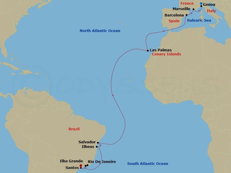 17 Night - Msc Grand Voyages - MSC Divina - Starting in Genoa (Portofino), Italy, Marseille (Provence), France, Barcelona, Spain, Las Palmas de Gran Canaria (Canary Islands), Spain, Salvador, Brazil, Ilheus, Brazil, Ilha Grande, Brazil, Rio De Janeiro, Brazil, Santos (Sao Paulo), Brazil itinerary map