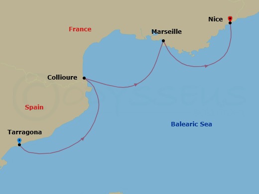 4 Night - Western Mediterranean from Tarragona to Nice - Sea Cloud II - Starting in Tarragona, Collioure (Port Vendres), Marseille, Nice itinerary map