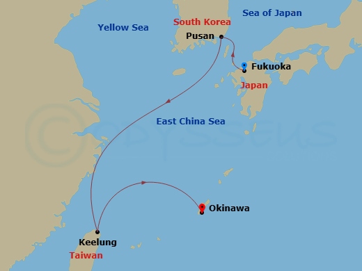 4 Night - Asia and Asia Pacific from Fukuoka to Naha - Costa Serena - Starting in Fukuoka / Hakata, Pusan, Keelung, Taiwan, Okinawa (Naha) itinerary map