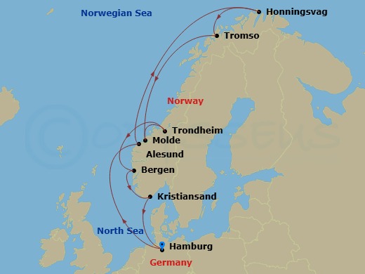 12 Night - Northern Europe - MSC Preziosa - Starting in Hamburg, Germany, Alesund, Norway, Honningsvag (North Cape), Norway, Tromso, Norway, Molde, Trondheim, Norway, Bergen, Norway, Kristiansand, Norway, Hamburg, Germany itinerary map