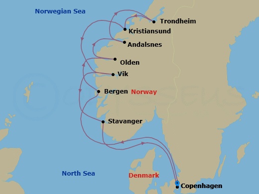 10 Night - Copenhagen to Copenhagen - Silver Dawn - Starting in Copenhagen, Bergen, Olden, Andalsnes, Trondheim (Trondelag), Kristiansund, Vik, Stavanger, Copenhagen itinerary map