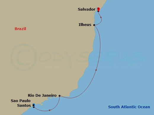 4 Night - Msc Grand Voyages - MSC Preziosa - Starting in Santos (Sao Paulo), Brazil, Rio De Janeiro, Brazil, Ilheus, Brazil, Salvador, Brazil itinerary map