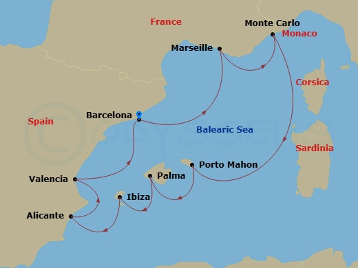 9 Night - Barcelona to Barcelona - Silver Muse - Starting in Barcelona, Marseille, Monte Carlo, Porto Mahon, Palma De Mallorca, Ibiza, Alicante, Valencia, Barcelona itinerary map