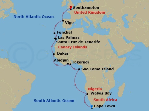22 Night - Africa-South Africa - Norwegian Sun - Starting in Cape Town, South Africa, Walvis Bay, Namibia, Sao Tome, Sao Tome and Principe, Takoradi, Ghana, Abidjan, Cote Divoire, Dakar, Senegal, Las Palmas Gran Canaria, Spain, Santa Cruz de Tenerife, Funchal, Portugal, Vigo, Spain, London (Southampton), United Kingdom itinerary map