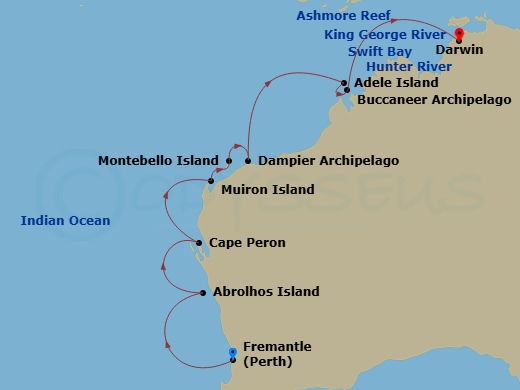 17 Night - Fremantle to Darwin - Silver Cloud - Starting in Fremantle (Perth), Western Australia, Abrolhos Islands, Cape Peron, Shark Bay, North Muiron Island, Montebello Islands, Dampier Archipelago, Adele Island, Kimberley, Buccaneer Archipelago Region, Hunter River Region, Western Australia, Ashmore Reef, Swift Bay, King George River (Kimberley, Western Australia), Darwin itinerary map