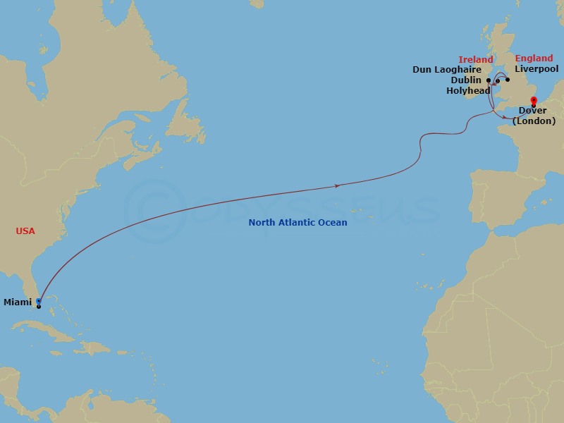 14 Night - Carnival Journeys - Transatlantic - Carnival Legend - Starting in Miami, Fl, Liverpool, England, Holyhead, Wales, Uk, Dun Laoghaire (Dublin), Ireland, Dover UK (London), England itinerary map