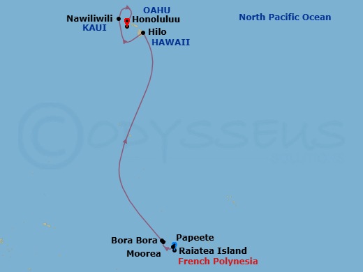 12 Night - South Pacific - Norwegian Spirit - Starting in Papeete, French Polynesia, Moorea, French Polynesia, Raiatea, French Polynesia, Bora Bora, French Polynesia, Hilo, Hi, Nawiliwili, Kauai, Hawaii, Honolulu, Hi itinerary map