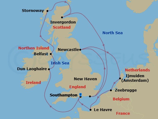 11 Night - Europe - British Isles - Norwegian Sky - Starting in London (Southampton), United Kingdom, Dublin / Dun Laoghaire, Ireland, Belfast, Northern Ireland, United Kingdom, Stornoway, Scotland, United Kingdom, Invergordon (Inverness), United Kingdom, Edinburgh (Newhaven), Scotland, United Kingdom, Newcastle Upon Tyne, United Kingdom, Amsterdam / Ijmuiden, Netherlands, Zeebrugge / Brussels / Brugge, Belgium, Le Havre / Paris, France, London (Southampton), United Kingdom itinerary map