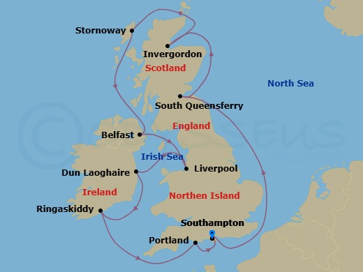 10 Night - Europe - British Isles - Norwegian Sky - Starting in London (Southampton), United Kingdom, South Queensferry, Edinburgh, United Kingdom, Invergordon (Inverness), United Kingdom, Stornoway, Scotland, United Kingdom, Belfast, Northern Ireland, United Kingdom, Liverpool, England, United Kingdom, Dublin / Dun Laoghaire, Ireland, Ringaskiddy / Cork, Ireland, Portland UK, London (Southampton), United Kingdom itinerary map