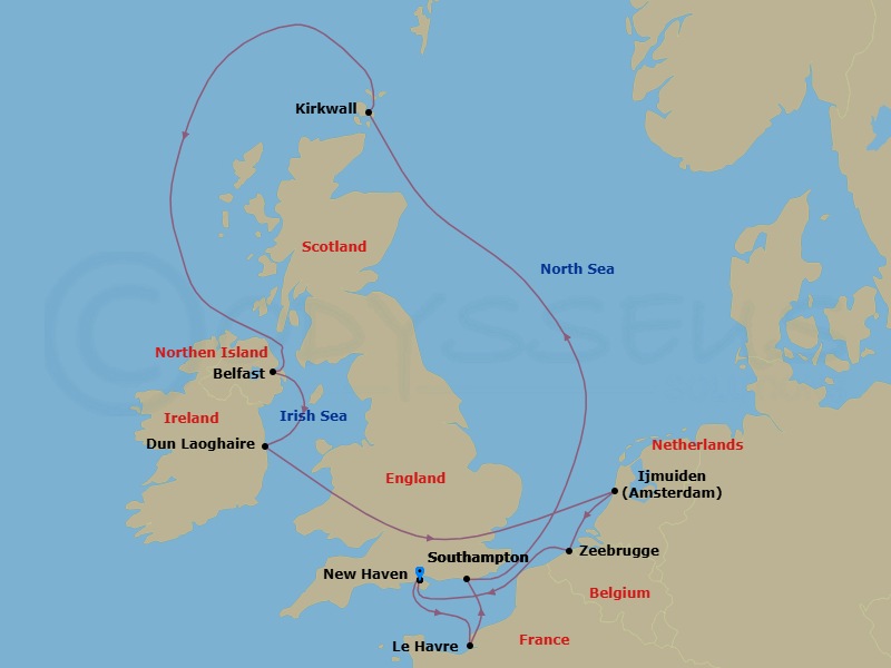 11 Night - Europe - British Isles - Norwegian Sky - Starting in London (Southampton), United Kingdom, Le Havre / Paris, France, Edinburgh (Newhaven), Scotland, United Kingdom, Kirkwall, Scotland, Belfast, Northern Ireland, United Kingdom, Dublin / Dun Laoghaire, Ireland, Amsterdam / Ijmuiden, Netherlands, Zeebrugge / Brussels / Brugge, Belgium, London (Southampton), United Kingdom itinerary map
