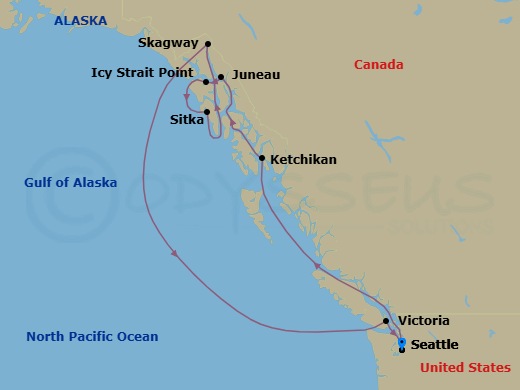 10 Night - Alaska - Seattle - Norwegian Joy - Starting in Seattle, Wa, Ketchikan (Ward Cove), Ak, Cruise Glacier Bay, Ak, Juneau, Ak, Icy Strait Point, Ak, Sitka, Ak, Skagway, Ak, Victoria CA, Canada, Seattle, Wa itinerary map