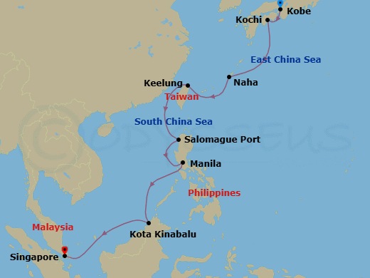13 Night - Sunrise Over Kyoto - Seven Seas Navigator - Starting in Kyoto (Kobe), Kochi, Cruising the Philippine Sea, Okinawa (Naha), Cruising the East China Sea, Keelung, Cruising the South China Sea, Salomague, Manila, Cruising the South China Sea, Kota Kinabalu, Cruising the South China Sea, Singapore itinerary map